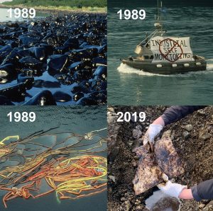 Collage of four images showing Exxon Valdez oil from 1989, tangled oil spill boom from 1989, and a protesting fishing vessel, along with a 2019 photo of lingering oil in Prince William Sound.