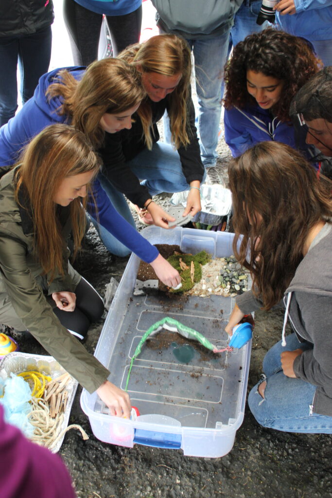 Students surround a large, shallow plastic bin. One end of the bin has rocks and soil to simulate shoreline. The bin is half full of water and vegetable oil mixed with dark food coloring floats on top of the water simulating an oil spill. The students attempt to gather the spill using a miniature version of oil spill boom and clean it out of the water using eye droppers to simulate oil skimmers. 