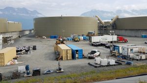 Photo of Tank 8, which is one of the large crude oil storage tanks at the terminal. This tank is 63 feet tall, 250 feet in diameter, and can hold up to 21,420,000 gallons of crude oil. 