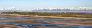 Photo of the Copper River Delta and Flats region. The image shows a wide muddy flat delta with a small island and mountains in the distance. The Copper River Delta and Flats include salmon spawning areas, seabird nesting areas, and cultural and recreation sites that need protection from oil spills.
