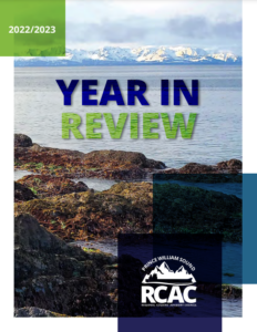 Front cover of the report. Image is of a rocky beach in Prince William Sound covered with mussels and other tidal critters. Mountains and ocean in the background. Clicking on the image will download a PDF of the report.