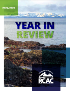 Front cover of the report. Image is of a rocky beach in Prince William Sound covered with mussels and other tidal critters. Mountains and ocean in the background. Clicking on the image will download a PDF of the report. 