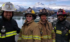 Unalaska and Valdez firefighters at the Valdez harbor. Photo by Zac Schasteen.