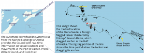 Image shows the path of the Stena Suede as it dragged its anchor in the Gulf of Alaska.