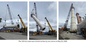 A series of three photos of the new incinerator being hoisted into place on May 28, 2026.