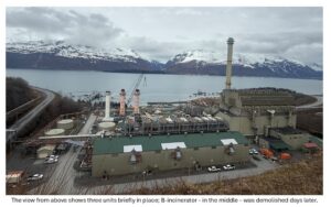 Image of Valdez Marine Terminal with old incinerator still in place. A caption embedded in the image says: The view from above shows three units briefly in place; B-incinerator - in the middle - was demolished days later.