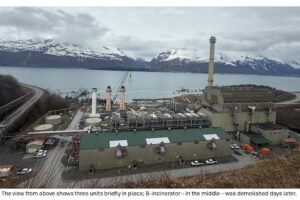 Image of Valdez Marine Terminal with old incinerator still in place. A caption embedded in the image says: The view from above shows three units briefly in place; B-incinerator - in the middle - was demolished days later.