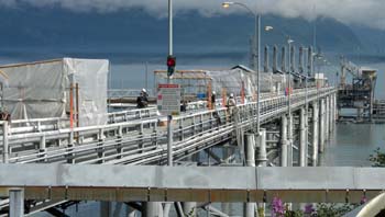 Causeway to Berth 4 at the Valdez Marine Terminal. Scaffolding has been installed and covered with plastic tarps to keep Alyeska's inspection crews and exposed piping dry during inspection. Photo by tom Kuckertz.