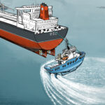 This digital drawing by Tom Crestodina illustrates the indirect towing method. The tug is connected to the tanker by a line and is pulling to stop the tanker. The image shows the tug is turned sideways to the tanker, using the special rotating propellor to increase the tug's braking power.