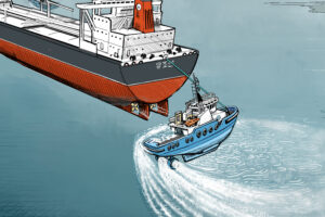 This digital drawing by Tom Crestodina illustrates the indirect towing method. The tug is connected to the tanker by a line and is pulling to stop the tanker. The image shows the tug is turned sideways to the tanker, using the special rotating propellor to increase the tug's braking power.