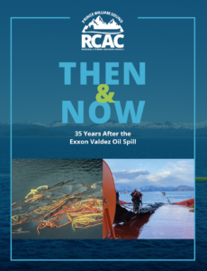 Image is cover of Then and Now report. In addition to decorative graphics, two photos demonstrate the difference between oi spill response in 1989 compared to modern response. The 1989 photo shows a useless tangle of oil spill boom. The 2023 photo shows workers practicing pulling oil spill boom in a neat formation. 