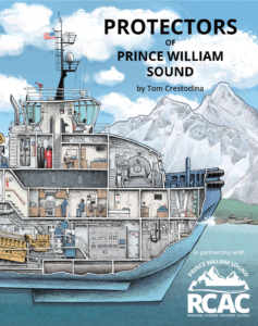 Image is a screenshot of the cover of the book, Protectors of Prince William Sound. It shows one of the interior drawings, a hand-drawn image that shows the interior of one of the powerful escort tugs.