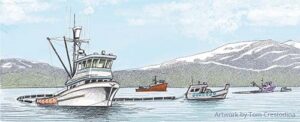 Artist's digital rendering of fishing vessels pulling oil spill boom in formation.