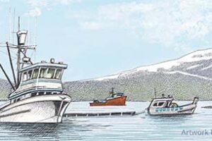 Artist's digital rendering of fishing vessels pulling oil spill boom in formation.