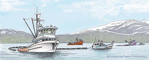 Artist's digital rendering of fishing vessels pulling oil spill boom in formation.