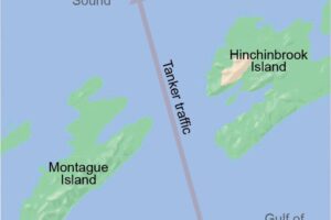 Map showing the tanker traffic lane. The tankers must pass through a relatively narrow area between Hinchinbrook and Montague Islands when entering or leaving Prince William Sound to or from the Gulf of Alaska. A rescue tug with the right features has the best chance of preventing a spill.