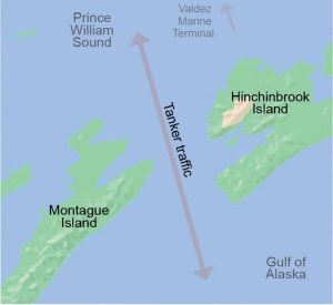 Map showing the tanker traffic lane. The tankers must pass through a relatively narrow area between Hinchinbrook and Montague Islands when entering or leaving Prince William Sound to or from the Gulf of Alaska. A rescue tug with the right features has the best chance of preventing a spill.