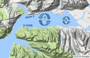 According to the study, there is a tendency for water to exit along the northern shore. To balance this mass, incoming water tends to move in along the south shore. The central section of Port Valdez often shows a counter-clockwise rotation. The head of the port, to the east, shows an intermittent clockwise flow pattern, usually in summer. This image shows the general area where the flow patterns often appear.