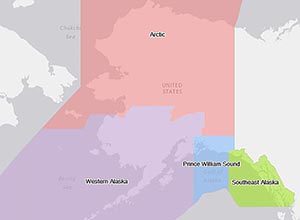 Four proposed areas would be part of new regional plan for Alaska. Below: Currently, there are ten “subarea” plans, one for each of the regions in this map. Both maps are from ADEC.