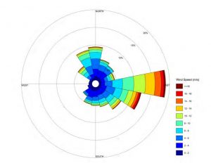 A "wind rose" graphic that shows the speed and direction of wind as recorded at Seal Rocks. 